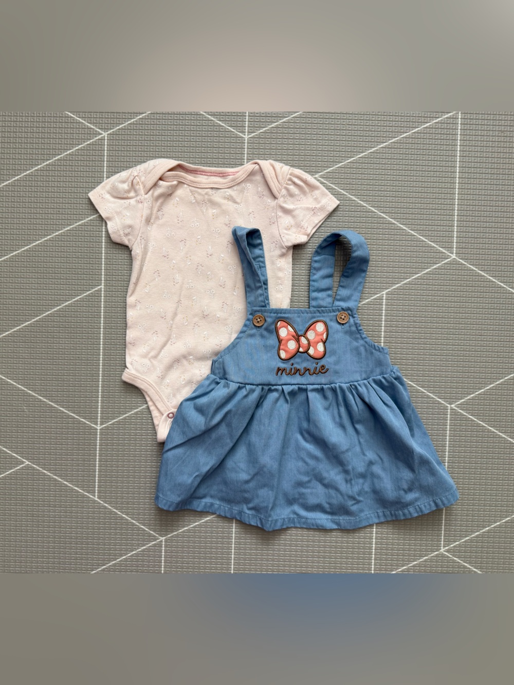 Disney|Baby girl Minnie Mouse set,Denim-Style Jumper Dress with bodysuit onesie•